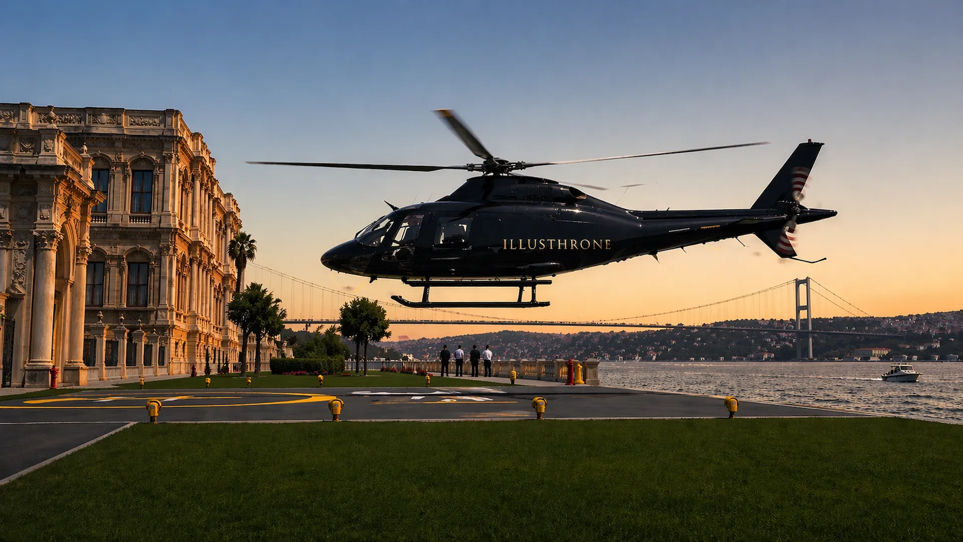 Private helicopter flying above the Bosphorus in Istanbul